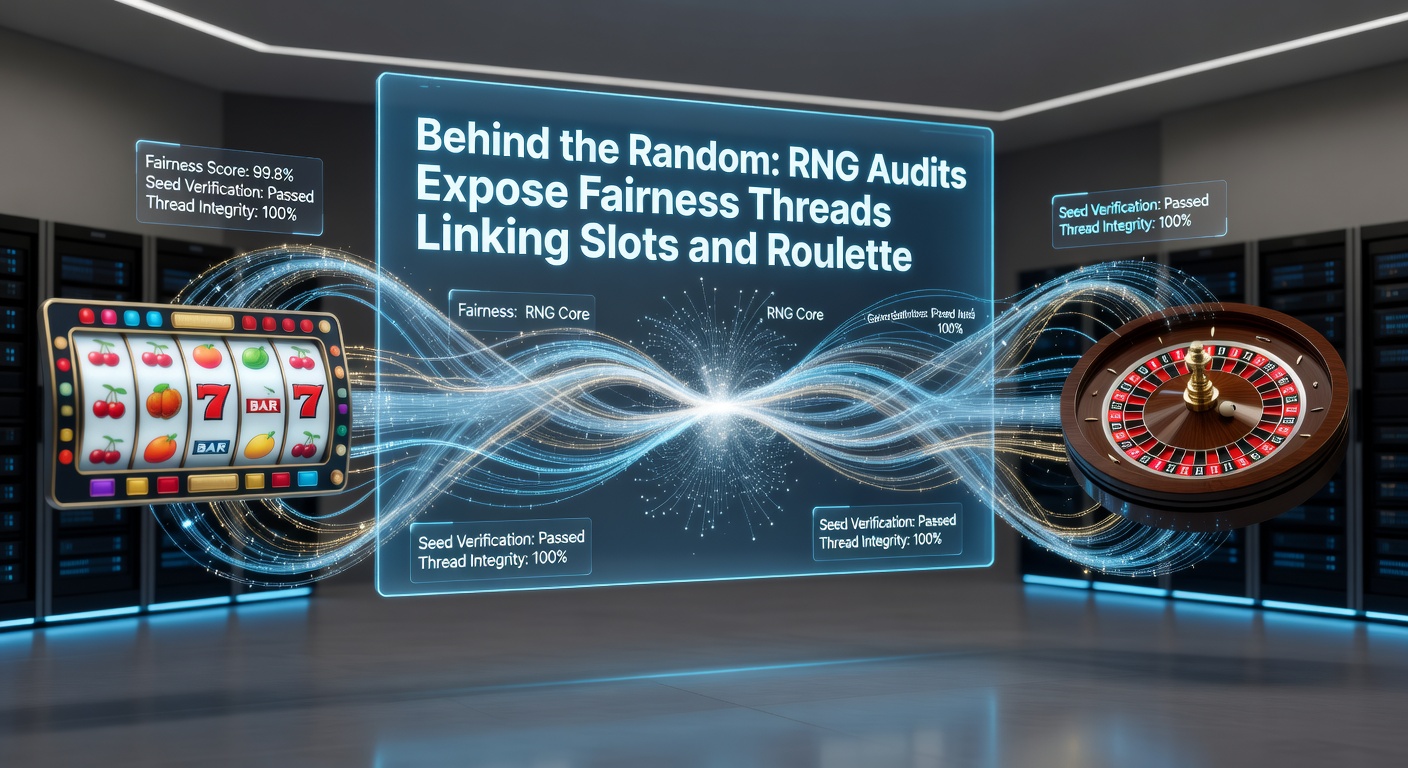 Digital visualization of RNG algorithms generating random outcomes for slot reels and roulette wheels, highlighting audit certification seals