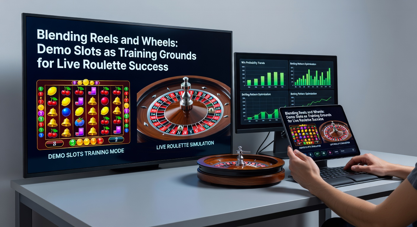 Vibrant demo slot reels spinning alongside a classic roulette wheel, illustrating the bridge between free-play slots and live casino action