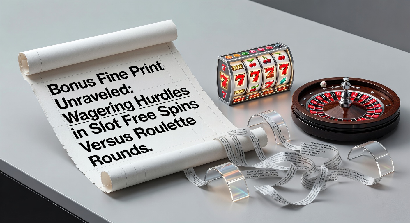 Casino bonus terms document highlighting wagering requirements for slots and roulette, with fine print magnified under a loupe