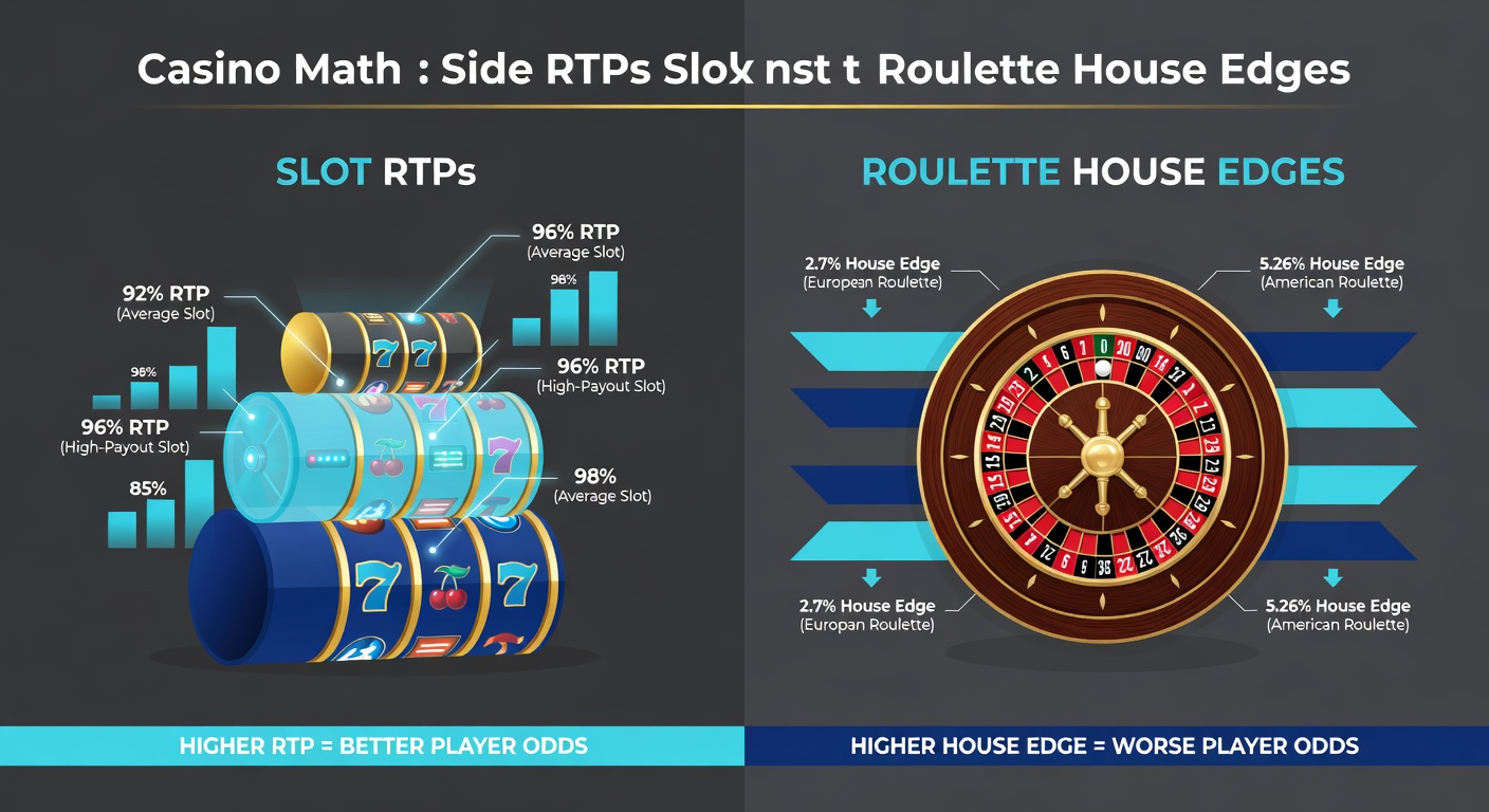 Roulette wheel diagram overlaid with slot reel icons, comparing house edge calculations and RTP distributions side-by-side