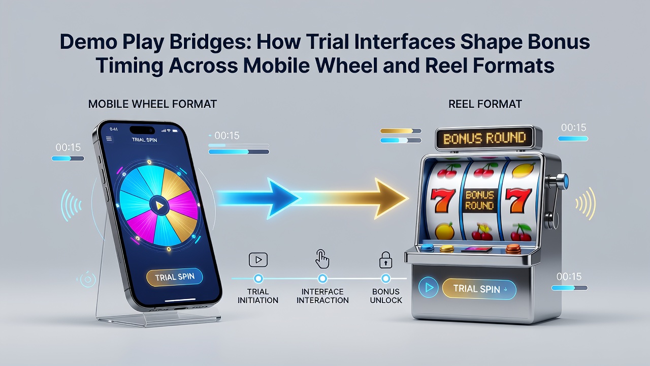 Mobile demo interfaces displaying reel and wheel formats side by side with bonus indicators