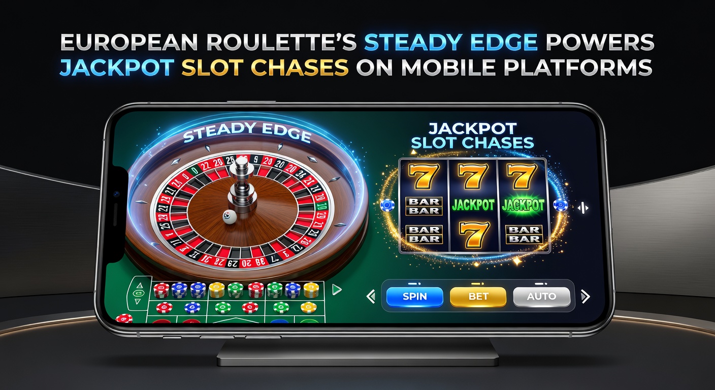 Mobile phone displaying European roulette bet slip next to a jackpot slot payout screen, with progressive ticker rising in the background