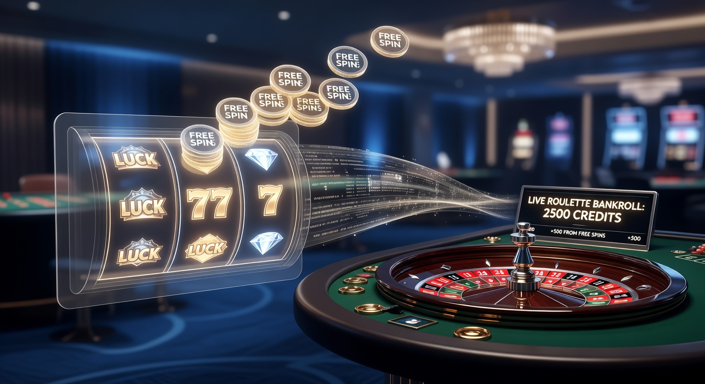 Animated graphic of slot reels exploding into roulette wheel with cascading chip stacks