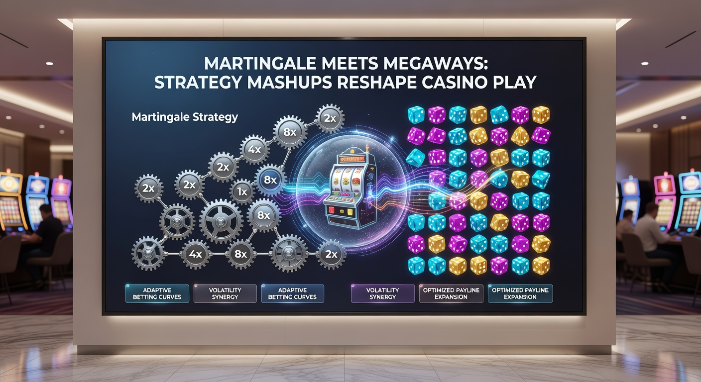 Player at a digital casino interface demonstrating Martingale progression on a vibrant Megaways slot, with bet sizes escalating across spins