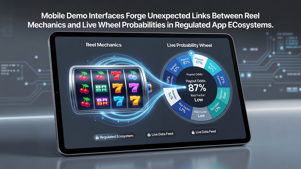Mobile demo interface displaying interconnected slot reels and roulette wheel probability models