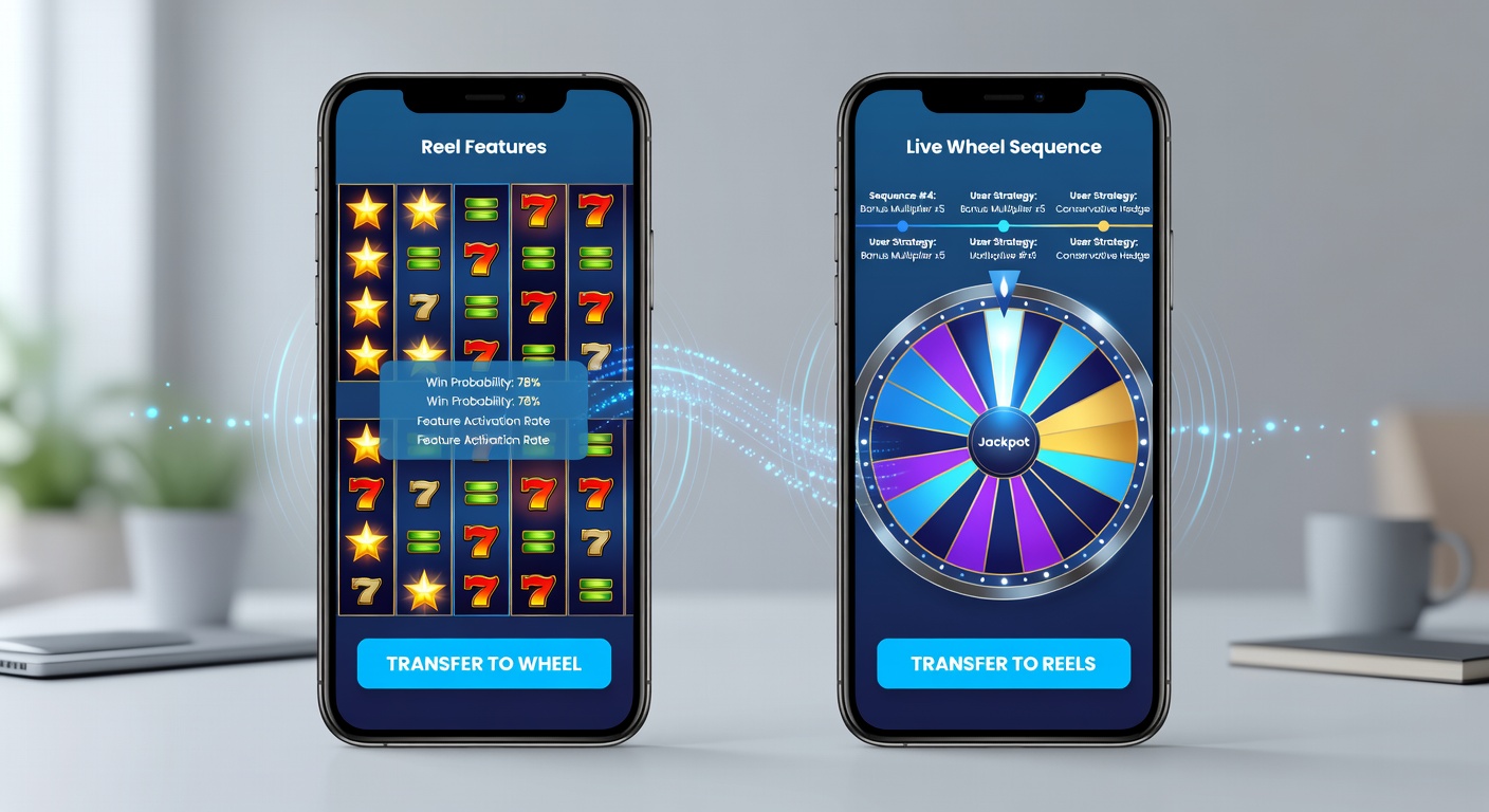 Split view of mobile app showing reel feature highlights transitioning into live roulette wheel tracking tools