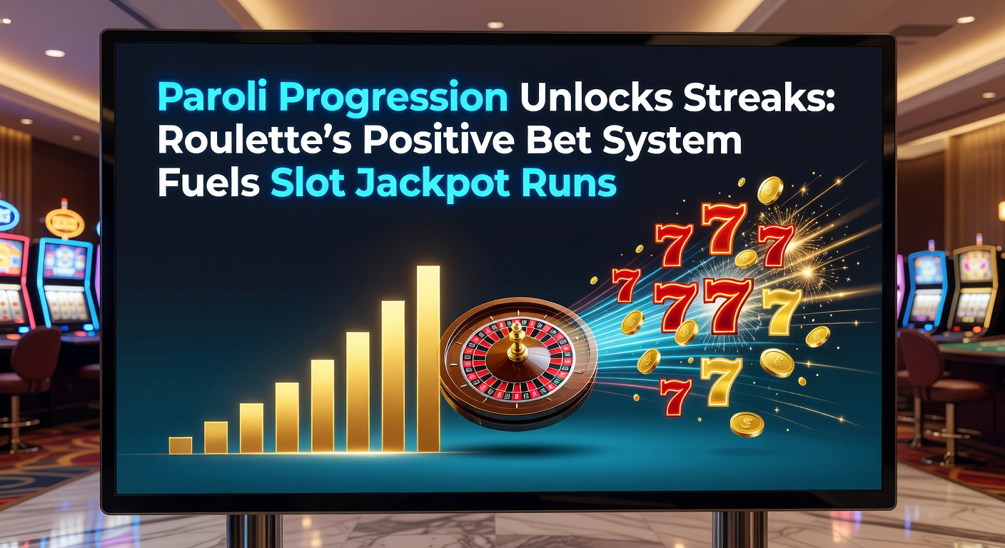 Visual representation of Paroli progression bets building during a roulette winning streak, transitioning to slot reels lighting up with jackpots