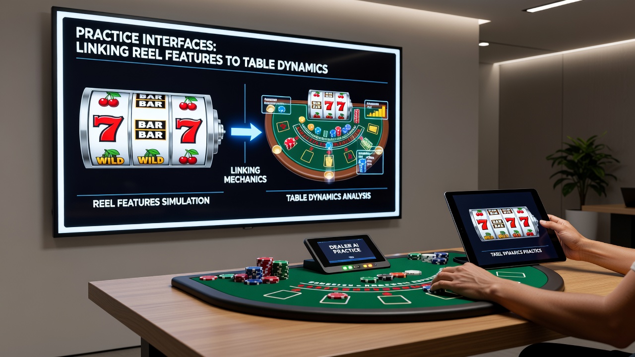 Mobile practice interface displaying slot reel symbols transitioning into roulette table elements on a portable device screen