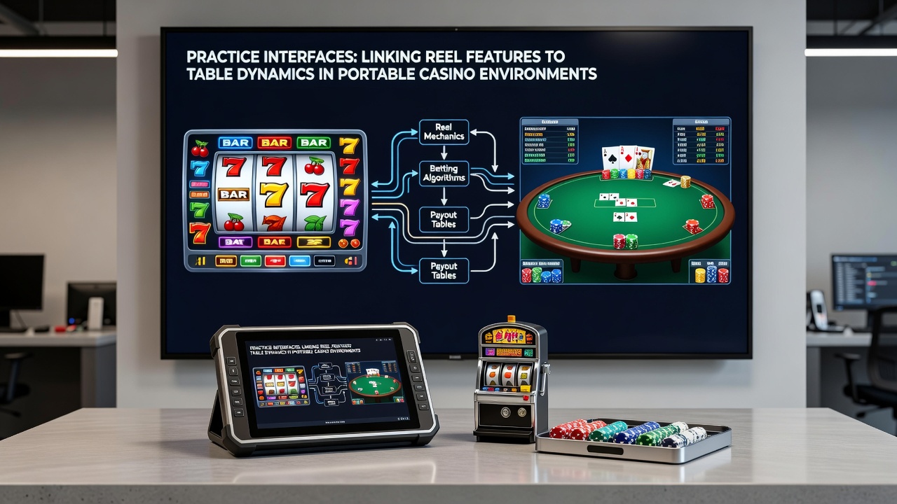 Detailed view of a portable casino app showing interconnected reel and table practice modules side by side