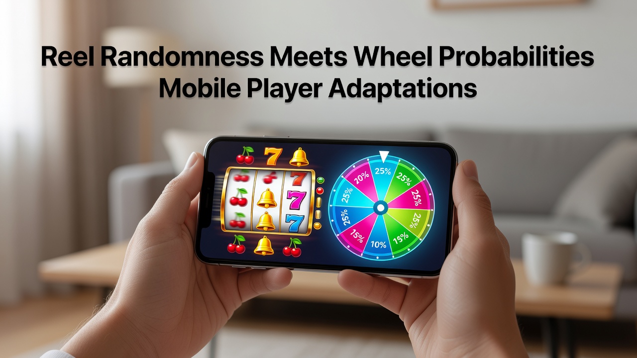 Split view of mobile casino app with slot reels on one side and roulette probability wheel on the other, highlighting adaptation tools