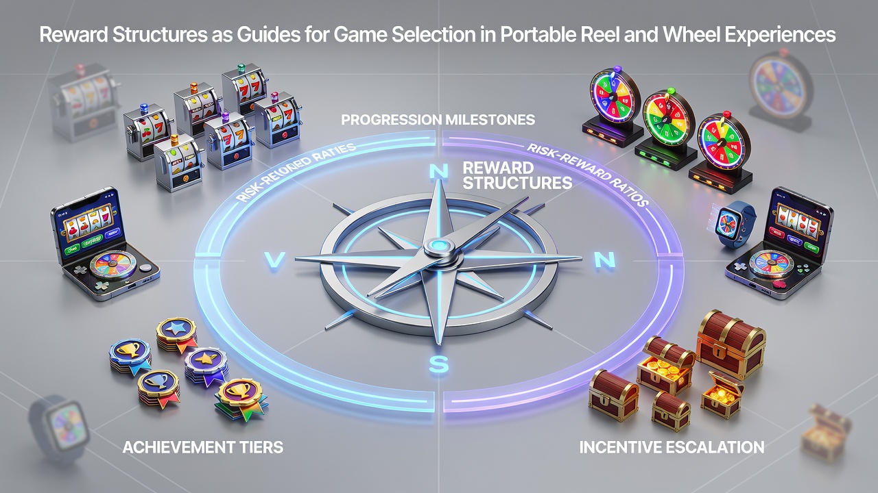 Mobile interface displaying reward structures for reel slots and wheel games with bonus indicators