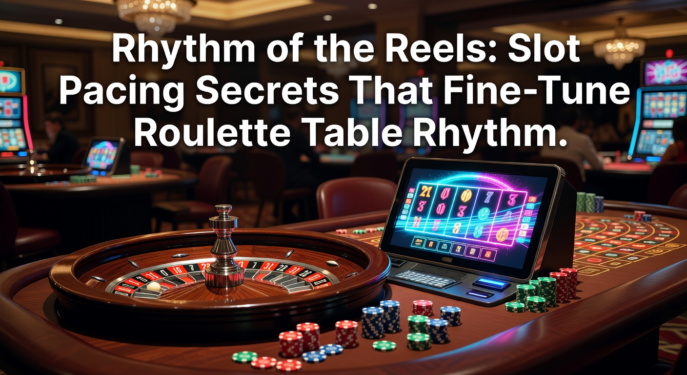 Dynamic slot reels spinning in rhythmic sequence, illustrating pacing techniques alongside a roulette wheel in motion