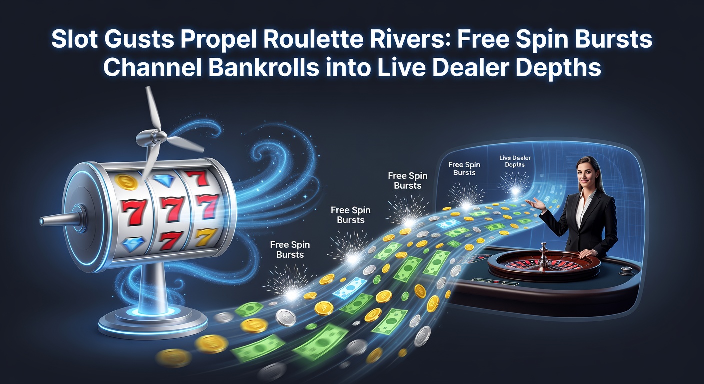 Live dealer roulette table with croupier spinning the wheel, overlaid with slot free spin icons flowing into chip stacks