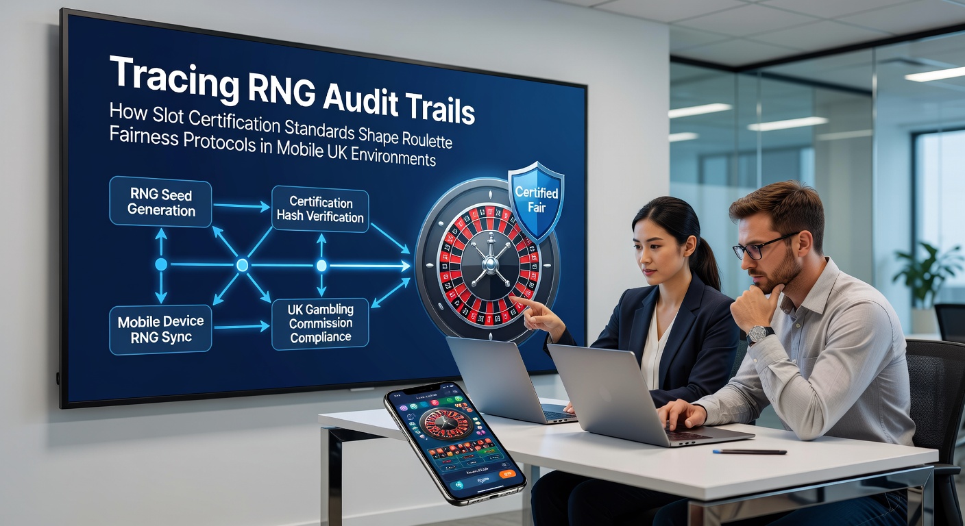 Audit trail visualization showing RNG sequence logs from certified slot systems feeding into roulette fairness checks on mobile platforms
