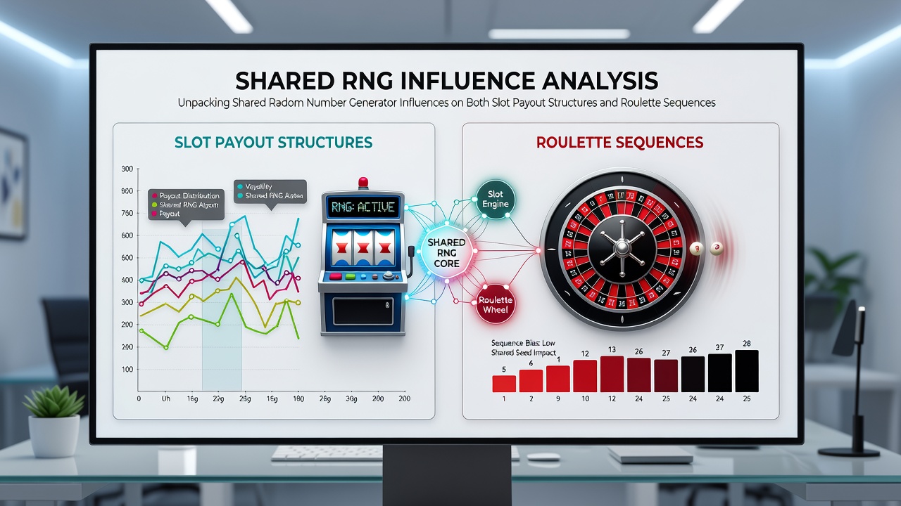 Diagram showing how a shared RNG feeds outcomes into both slot reels and roulette wheels within a unified digital casino system