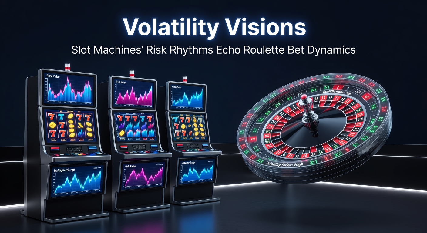 Digital visualization of slot reels spinning alongside a roulette wheel, highlighting volatility patterns in red and blue hues